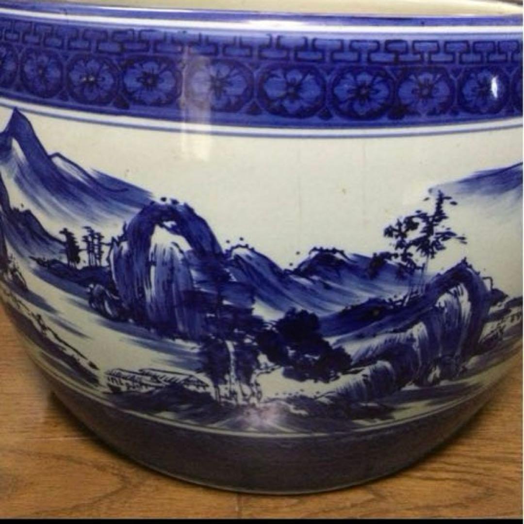 火鉢　手描き藍染め火鉢　アンティーク火鉢　植木鉢　鉢テーブル