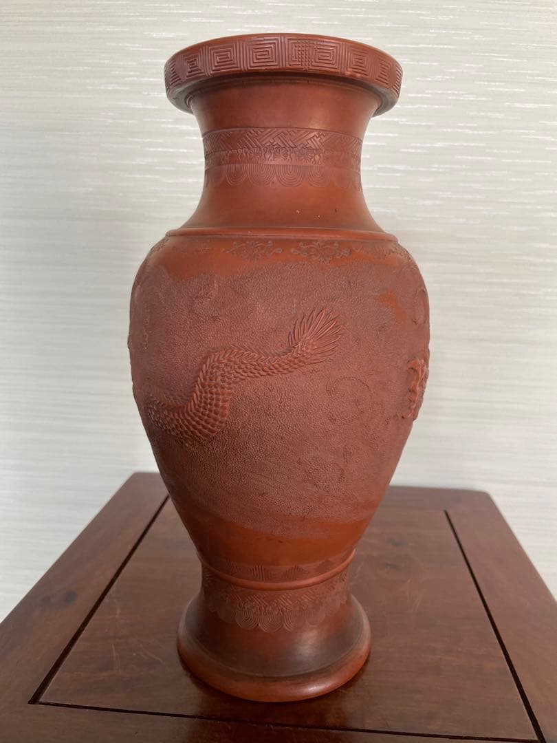 日本常滑 雲龍紋朱泥花瓶 名工細密 古道具時代物 美術品 古董品