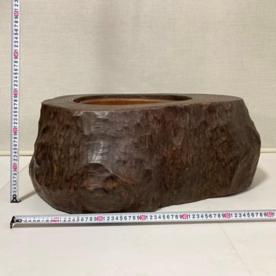 古い味のある火鉢 囲炉裏 座卓 木製 銅製 切り株 くり抜き 縁付 大型 レトロ