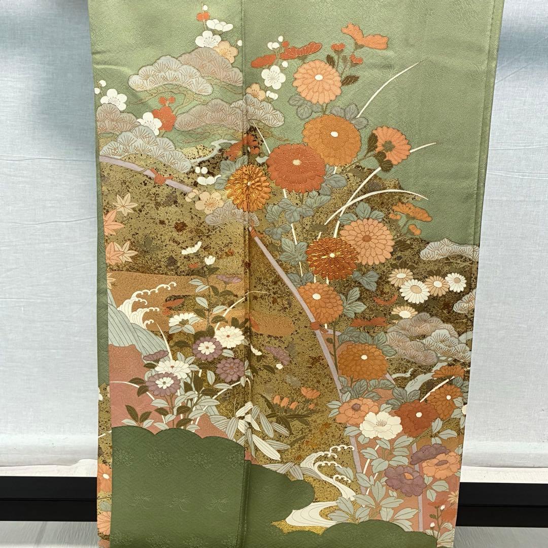 D104 訪問着 花模様 緑 金駒刺繍 正絹 着物 袷 極美品