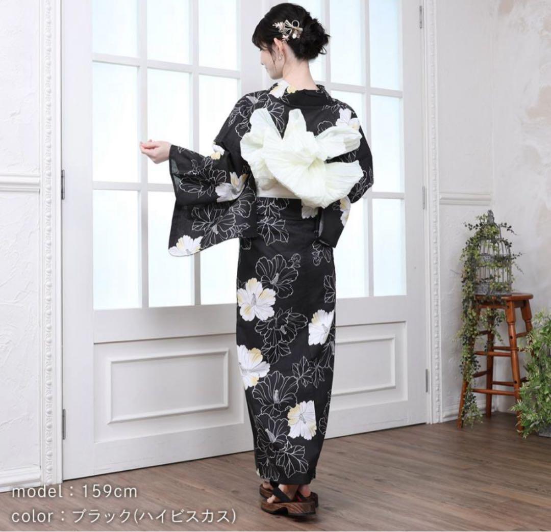 レディース 浴衣 ブラック ハイビスカス
