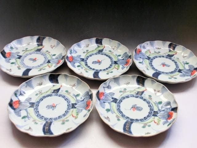 皿■角福 色絵花鳥紋捻子皿 5枚 古伊万里(江戸後期～明治期)時代物 古い骨董