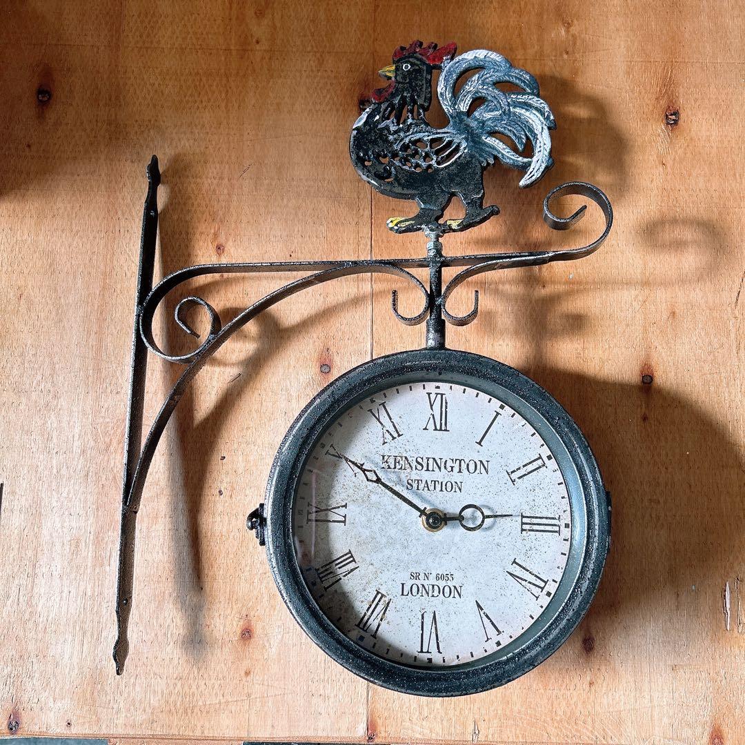 おしゃれな壁掛け時計 アンティーク 風見鶏top 両面時計 シャビーブラック