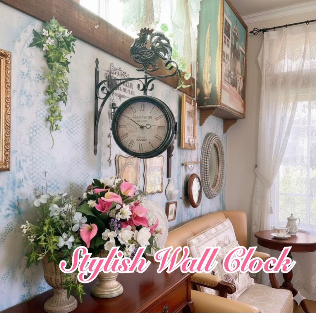 おしゃれな壁掛け時計 アンティーク 風見鶏top 両面時計 シャビーブラック