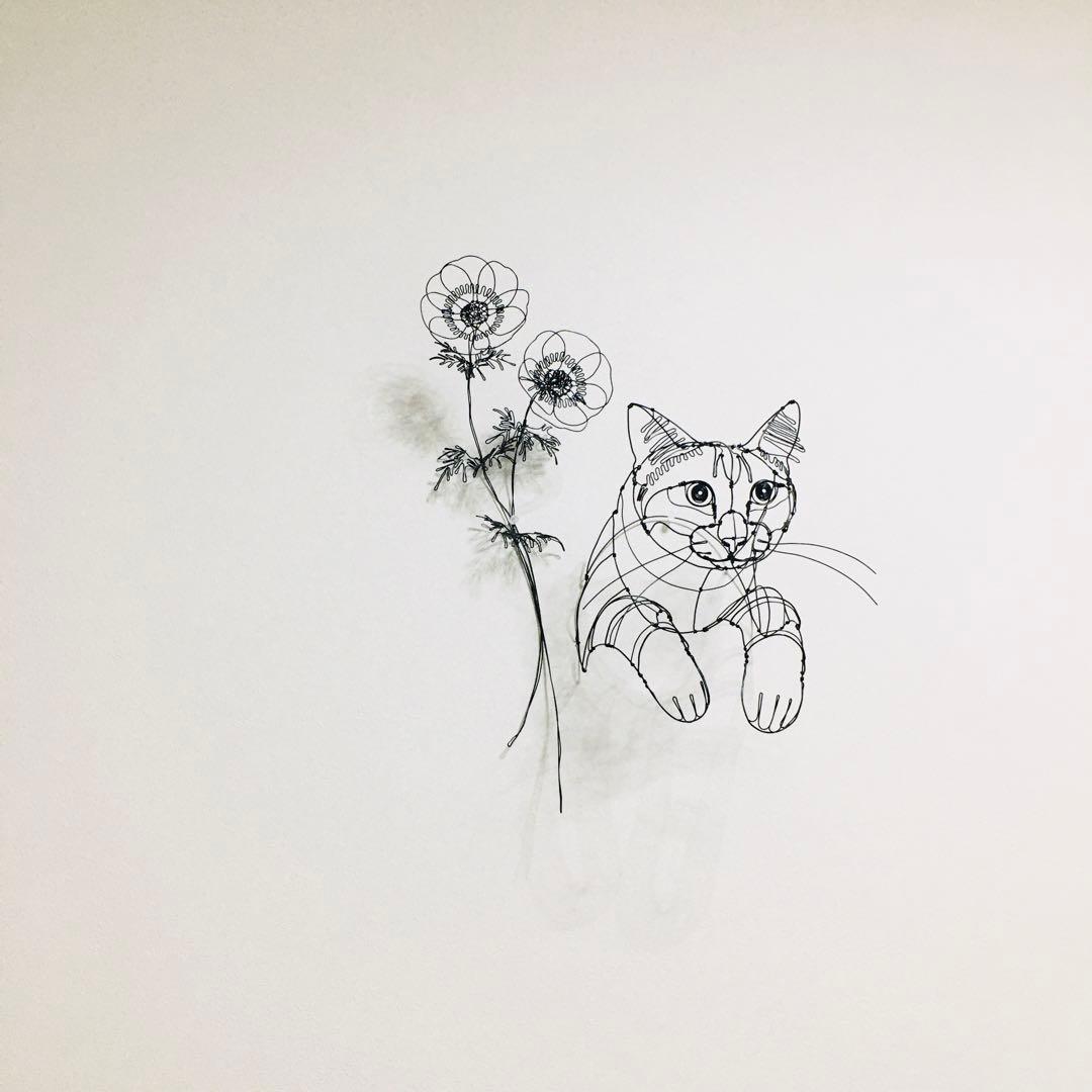 ワイヤーアート　ワイヤークラフト 花とねこ