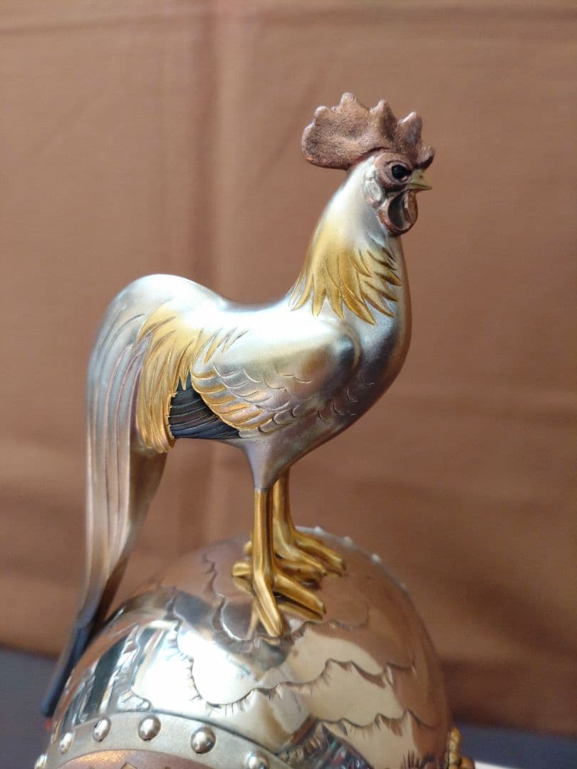 銀製/諫古太鼓/太鼓乗鶏/置物/共箱 ガラスケース付/縁起物/骨董品/美術品/