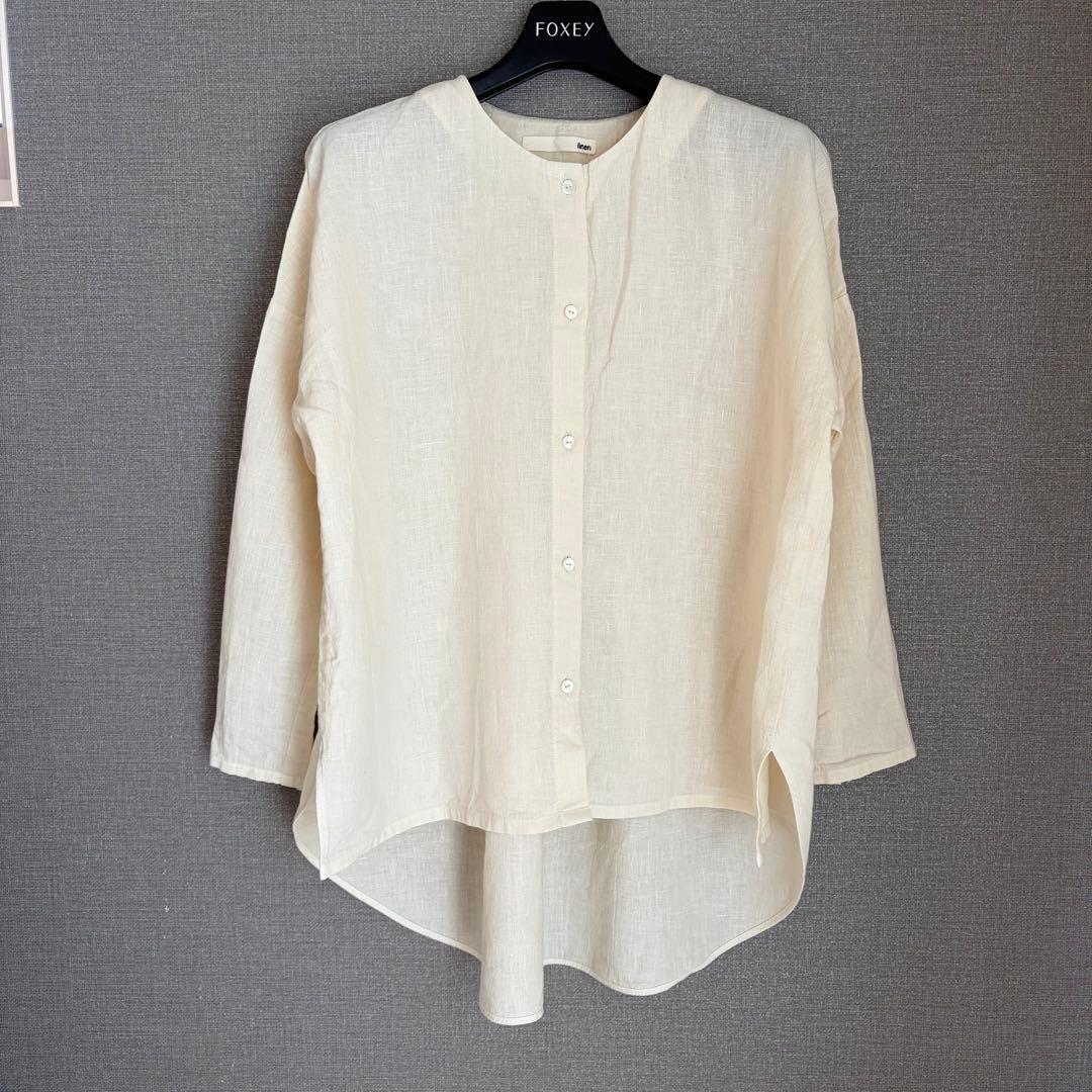未使用級✨evam eva 水撚りリネンノーカラー 長袖ブラウス アイボリー F