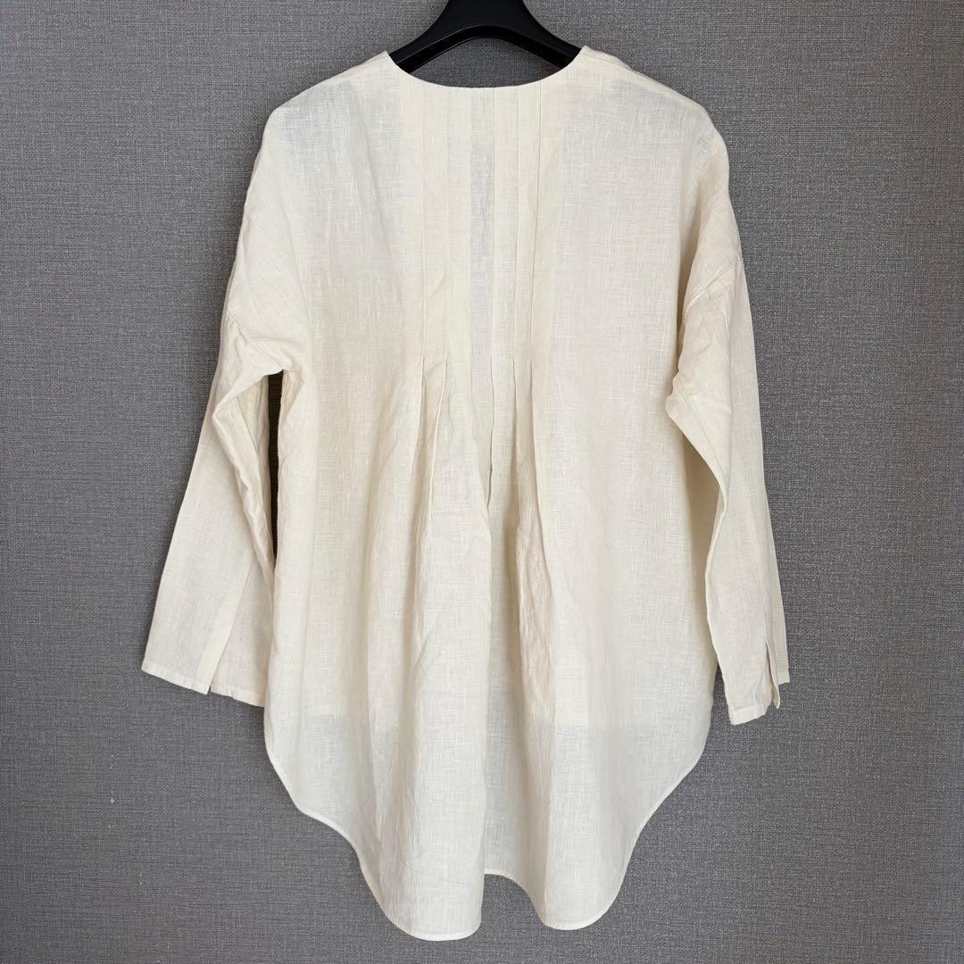 未使用級✨evam eva 水撚りリネンノーカラー 長袖ブラウス アイボリー F