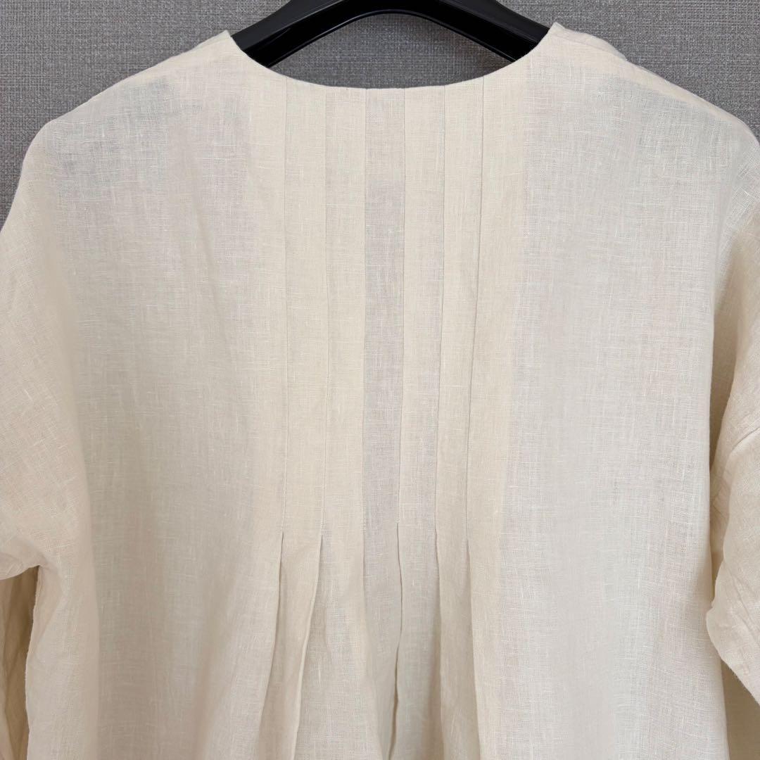 未使用級✨evam eva 水撚りリネンノーカラー 長袖ブラウス アイボリー F