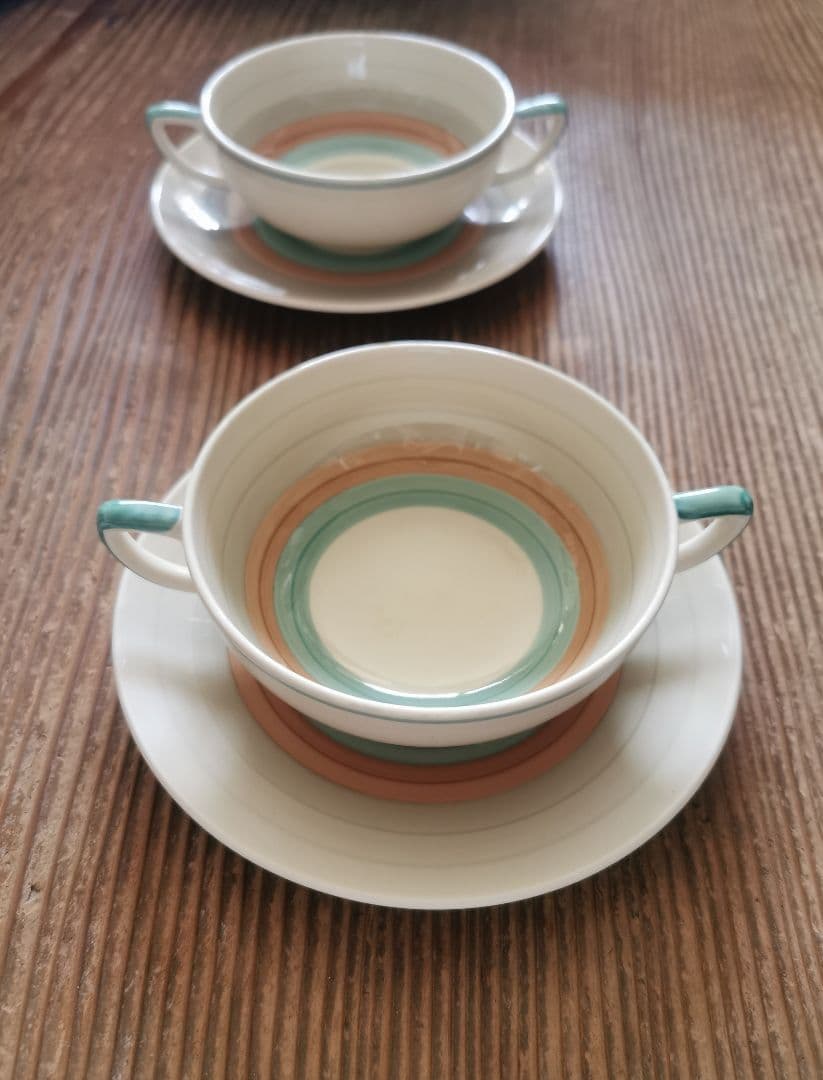 アンティーク スージークーパー スープカップ２客 ウェディングリング ピンク＆緑