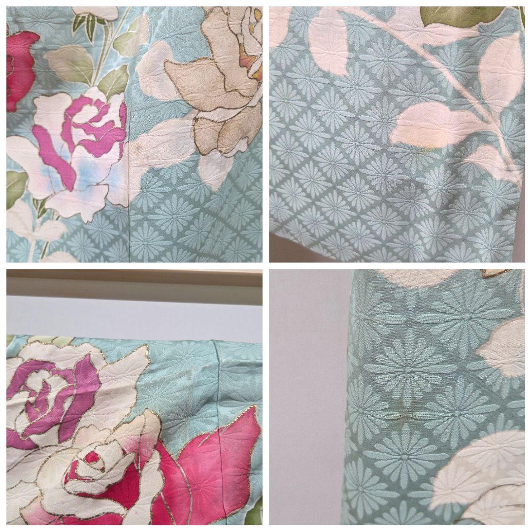A◆着物くつろぎ セミアンティーク 薔薇 金彩 金駒刺繍 水色 袷 訪問着 着物