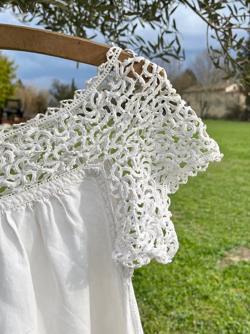 ◆フランスアンティーク｜手編みレースのナイトドレス、リネンワンピース、ネグリジェ