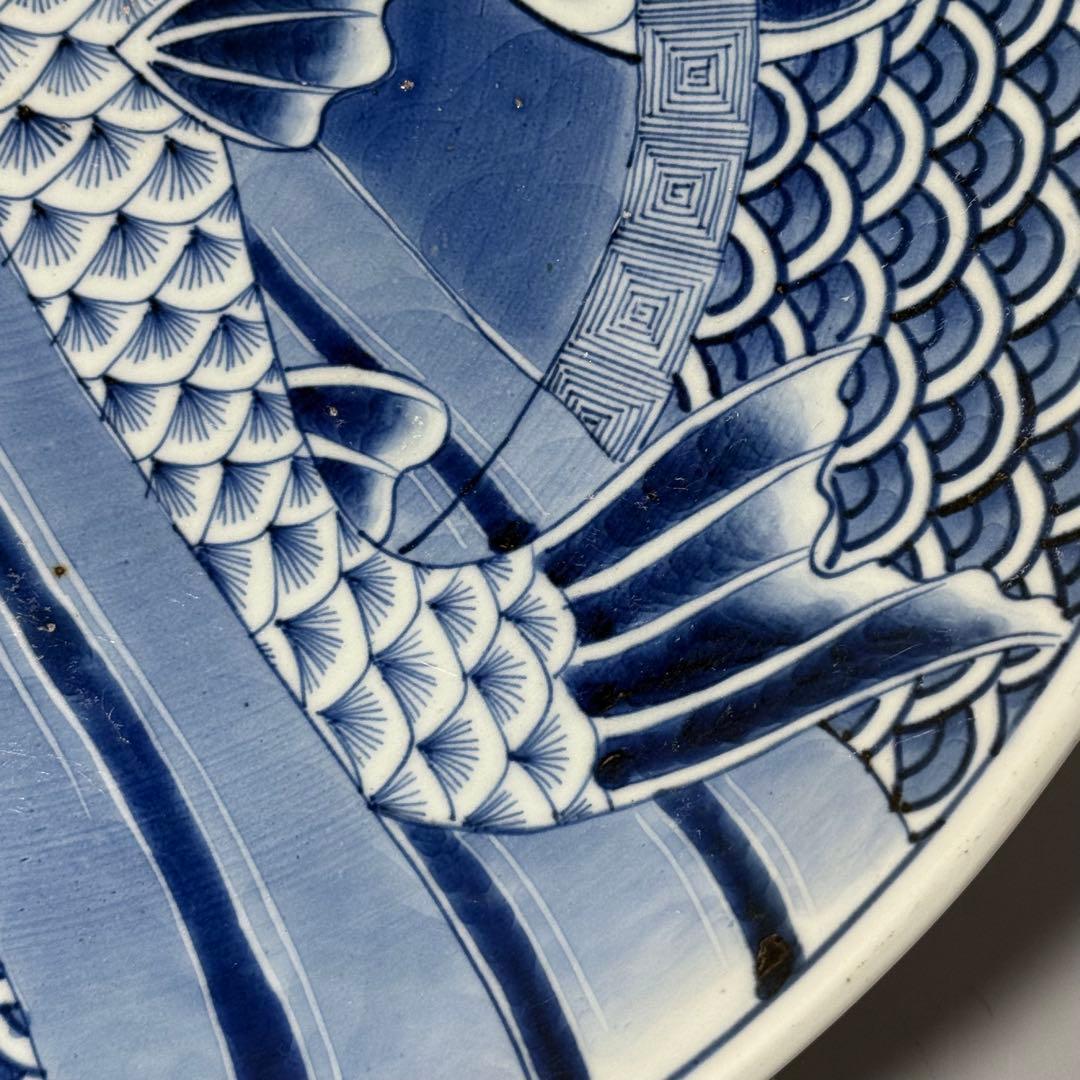 古伊万里　染付　鯉の滝登り図大皿　登竜門　42.2cm　変形字「乾」　江戸後期