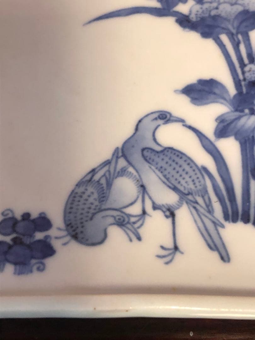 藍九谷もしくは藍鍋島の花鳥文隅入染付角皿5客桐箱入