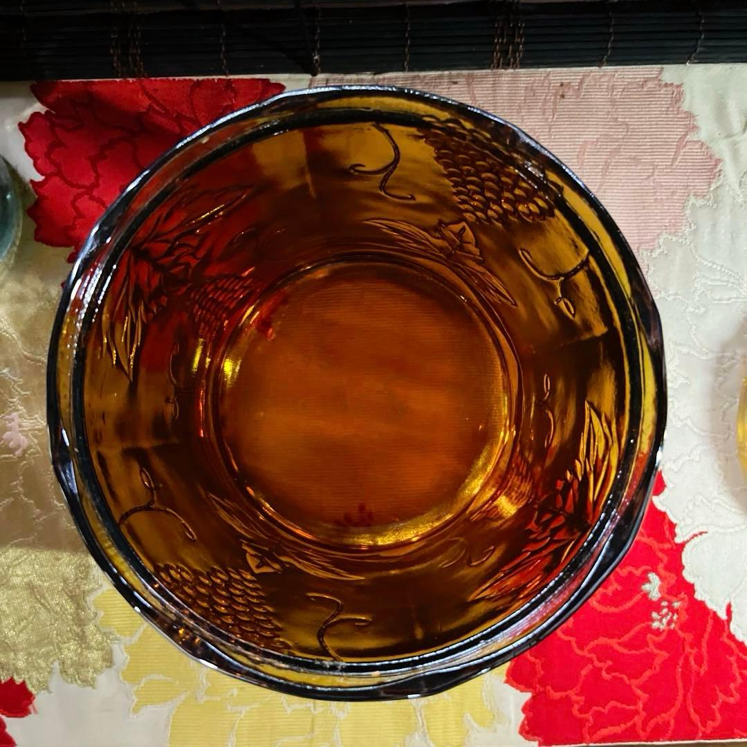 骨董　レトロプレス　カーニバルグラス　アンバー　ラスター彩葡萄模様　キャニスター