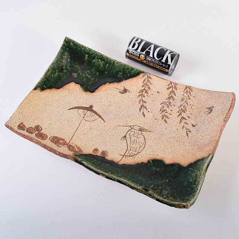 北大路魯山人作　織部焼　鳥絵　長四方皿　狙板　共布　極め箱　D　R7695B