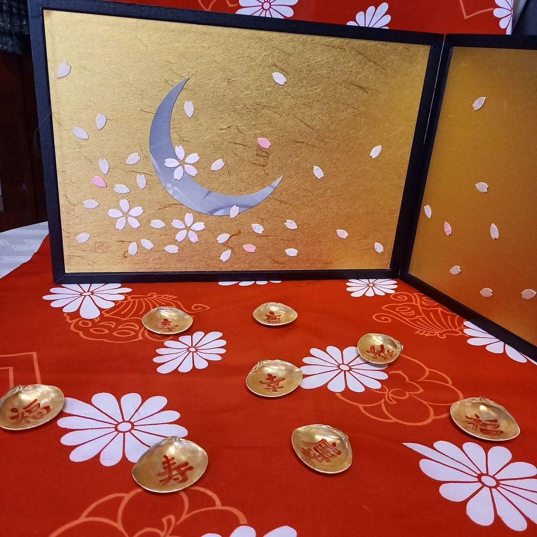 くろちく古布縮緬押絵　金屏風\"桜月夜\"