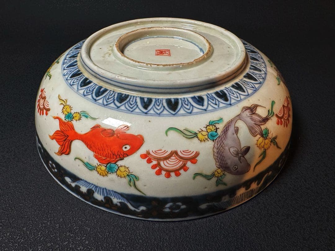 明治期 色絵松鶴亀文 盛鉢 大小二客 共箱