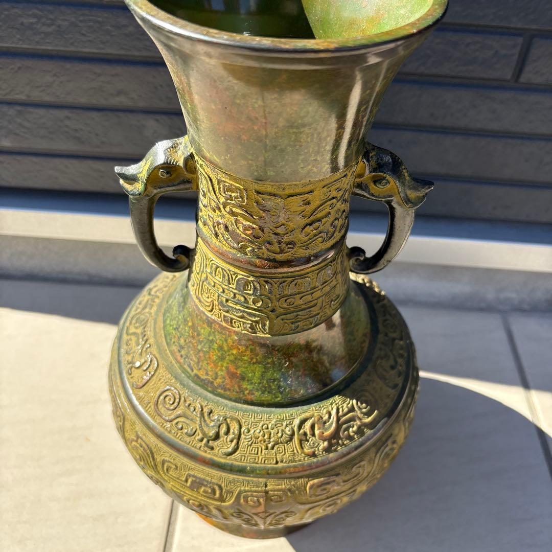 【閑】銅製 金工細工『饕餮文』花入 花瓶 飾り壺 龍双耳 在銘 / 花器 茶道具