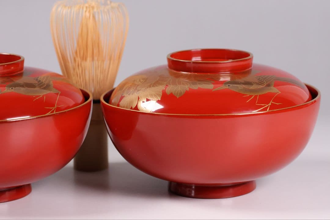 【MB178】輪島塗 花鳥金蒔絵 朱塗椀 二客 煮物椀 天然木漆塗 鶯牡丹 昭和