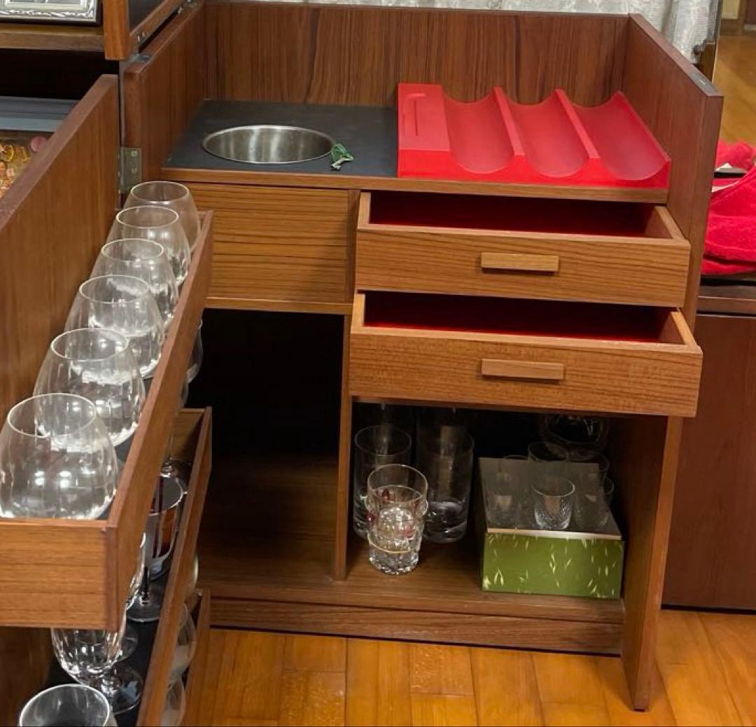 【チーク製】グラス収戸棚 引き出し　ワインクーラー付き　食器棚　ヴィンテージ