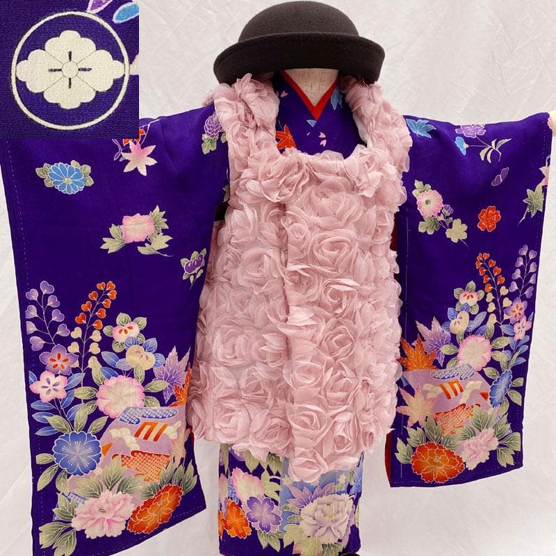 509ag10◎七五三 三歳 女の子 アンティーク着物&被布五つ紋 紫◎
