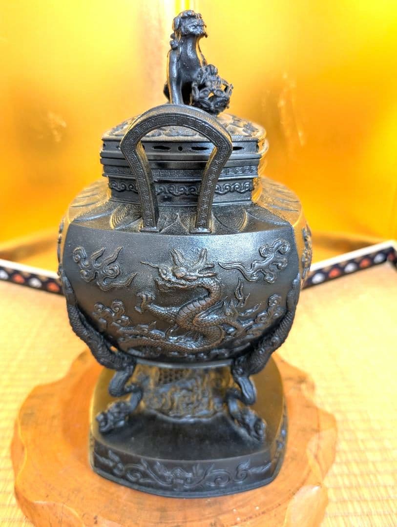 金属工芸　鋳銅　大型香炉　雲龍紋　高岡銅器　米田秀保