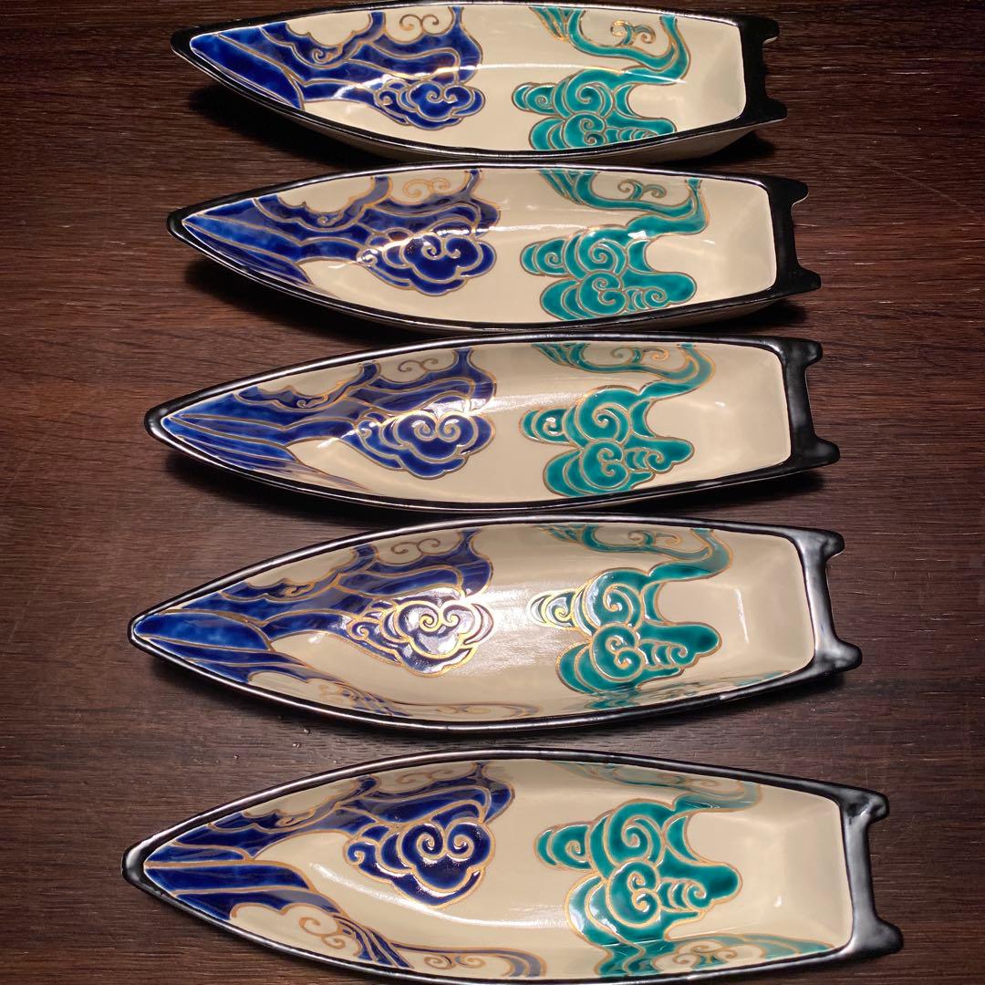 清水焼向付　仁清流水舟形向付5客　新品未使用　京焼