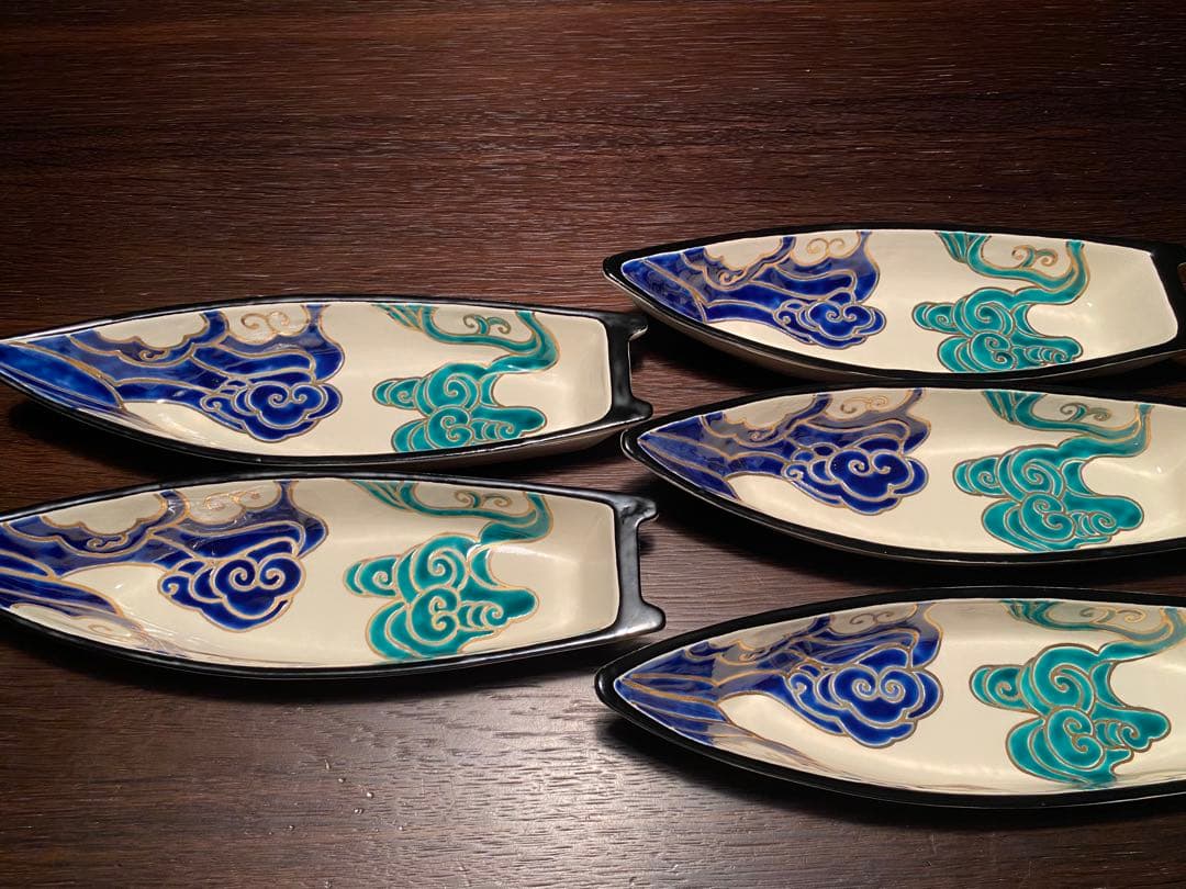 清水焼向付　仁清流水舟形向付5客　新品未使用　京焼