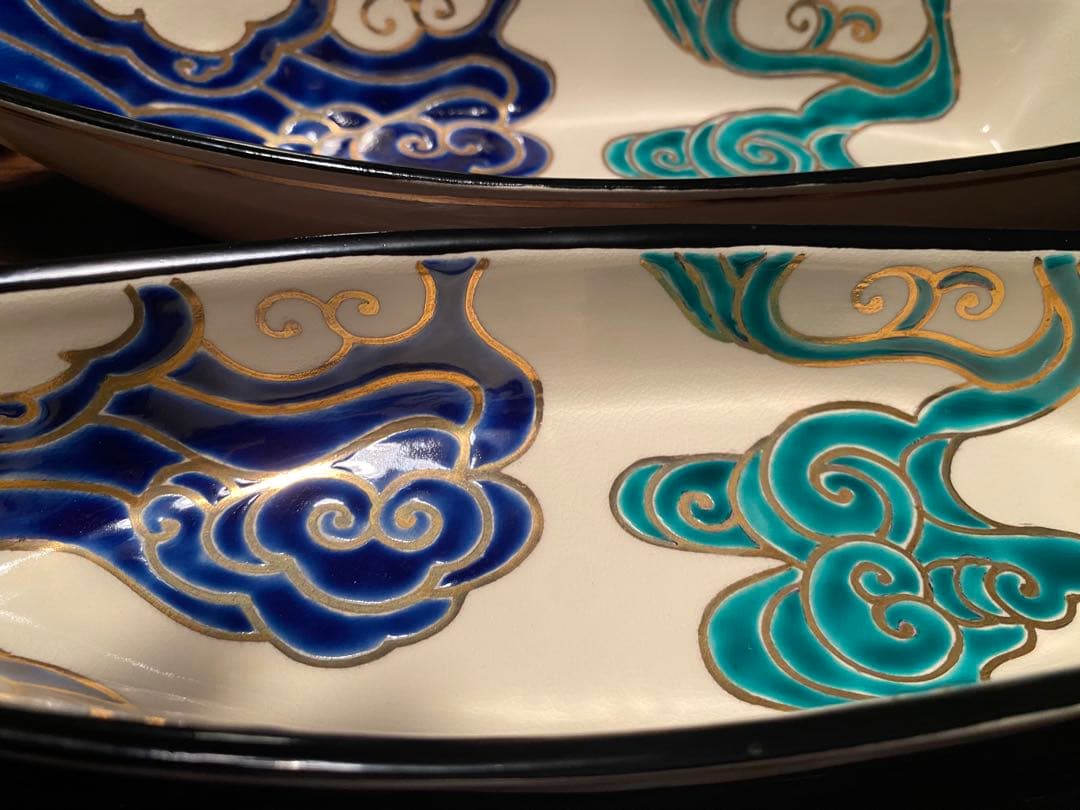 清水焼向付　仁清流水舟形向付5客　新品未使用　京焼