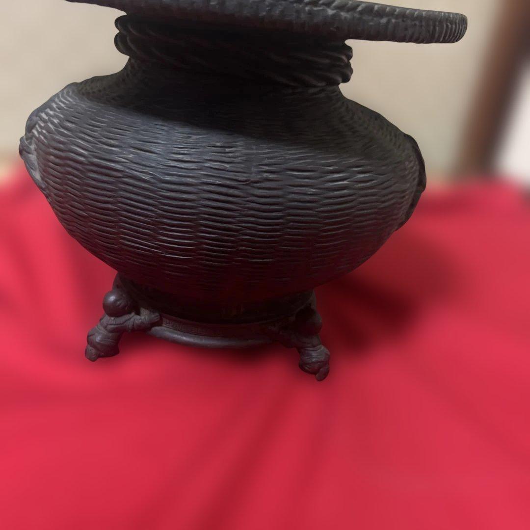 古美術　骨董品　茶道具　古銅花器　竹編紋　在銘　唐子足