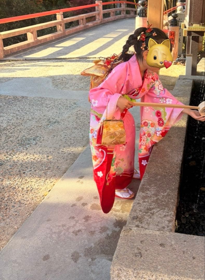 七五三用ピンク赤花柄着物　フルセット