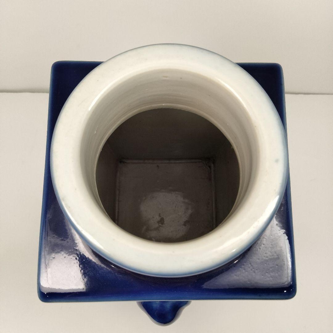 x130 中国 清代 藍釉 象耳方形瓶 角花瓶 高さ25.5cm