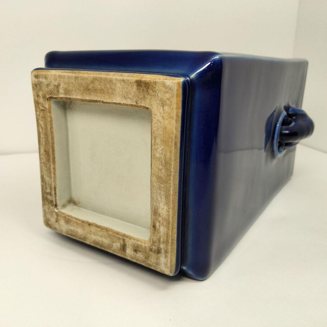 x130 中国 清代 藍釉 象耳方形瓶 角花瓶 高さ25.5cm