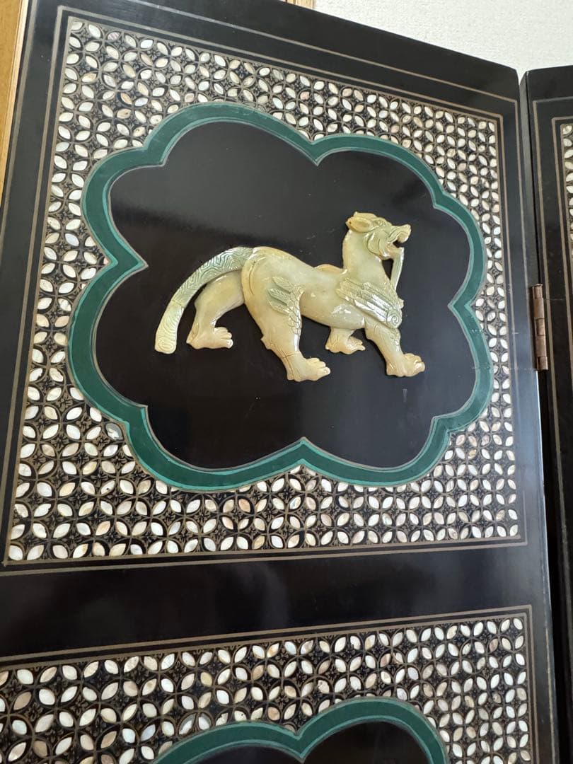 中国骨董　螺鈿細工　四曲屏風　衝立　アンティーク