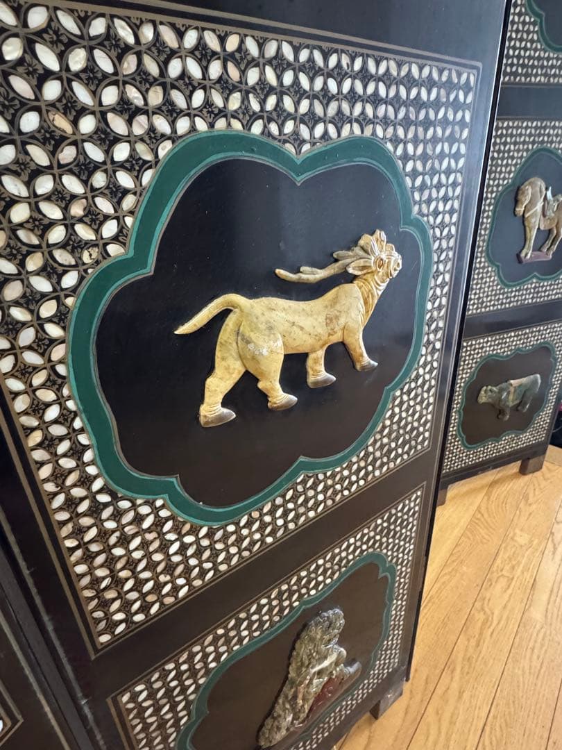 中国骨董　螺鈿細工　四曲屏風　衝立　アンティーク