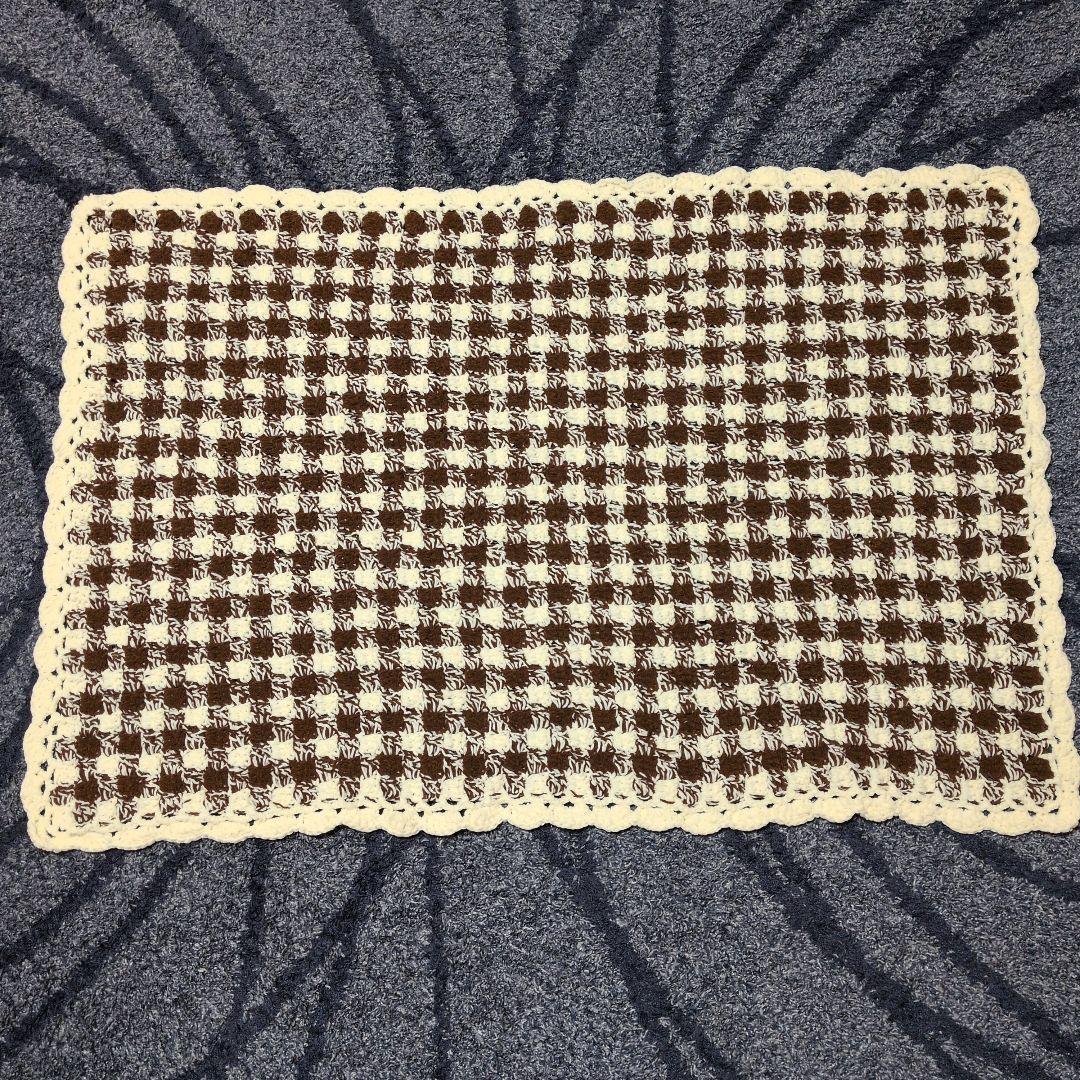 ギンガムチェック柄 手編みブランケット ひざ掛け マルチカバー