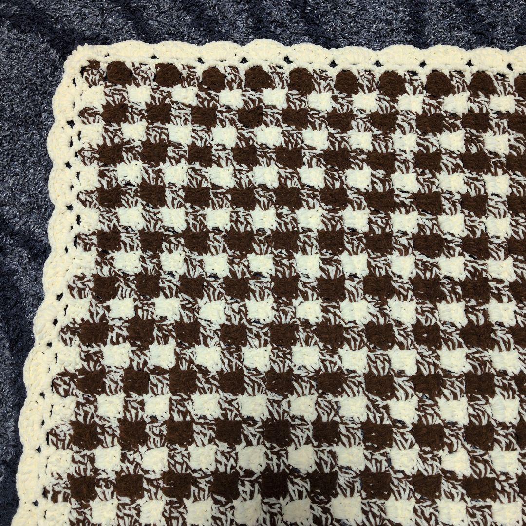 ギンガムチェック柄 手編みブランケット ひざ掛け マルチカバー