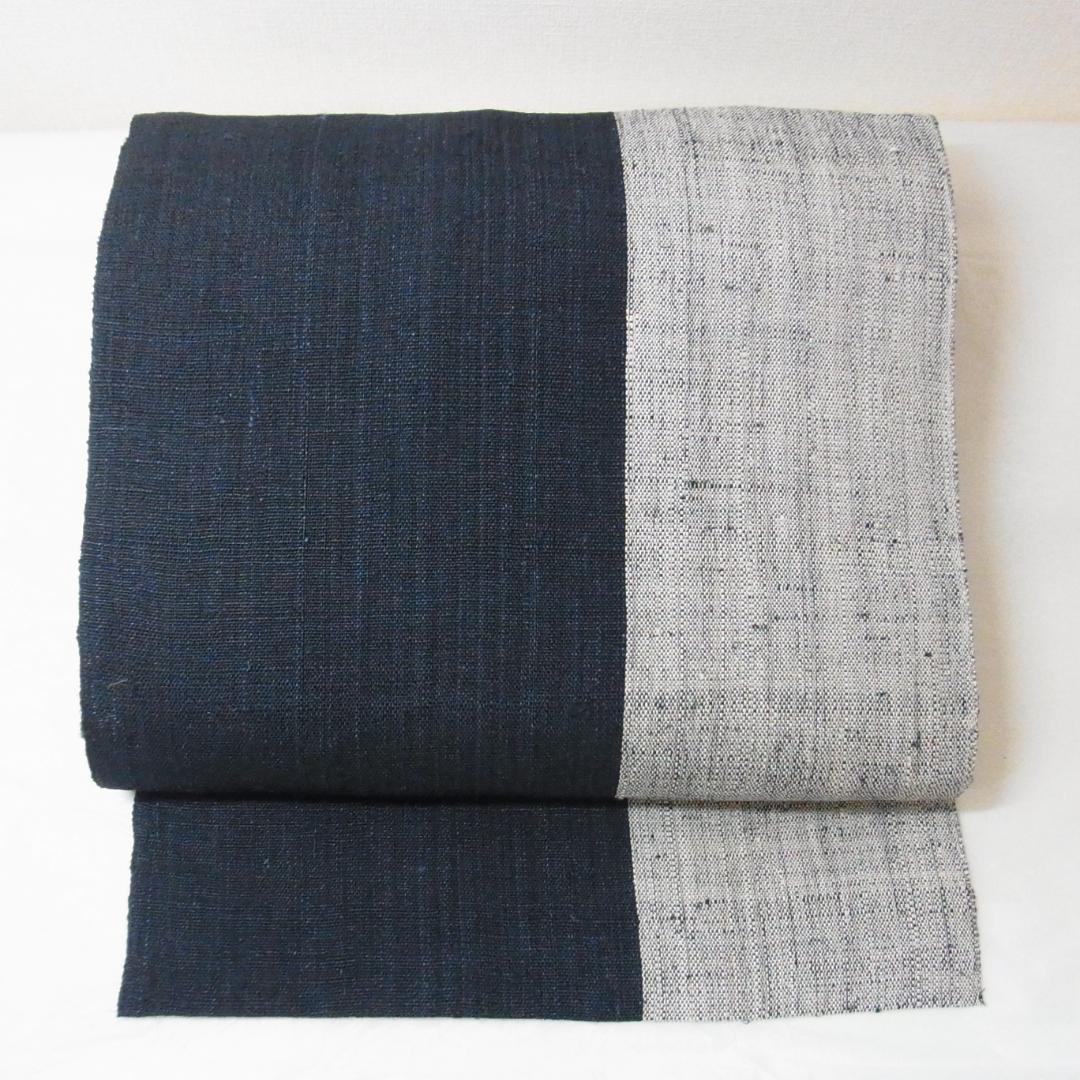 【証紙付】濃藍色　越後上布　名古屋帯　小河正義　手織り　麻帯