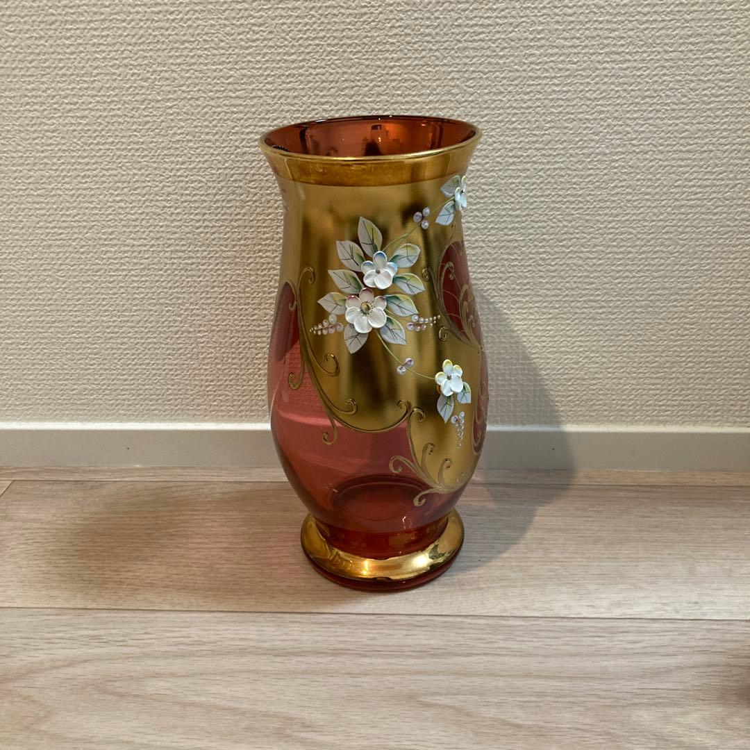 ボヘミアンガラス 花瓶 フラワーベース 花柄 ゴールド ピンク C3