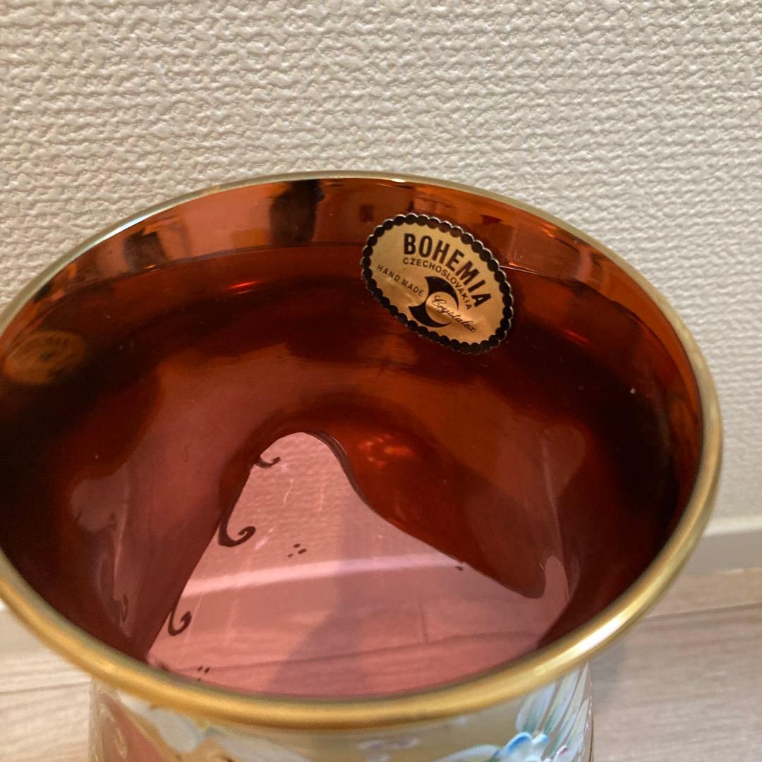 ボヘミアンガラス 花瓶 フラワーベース 花柄 ゴールド ピンク C3