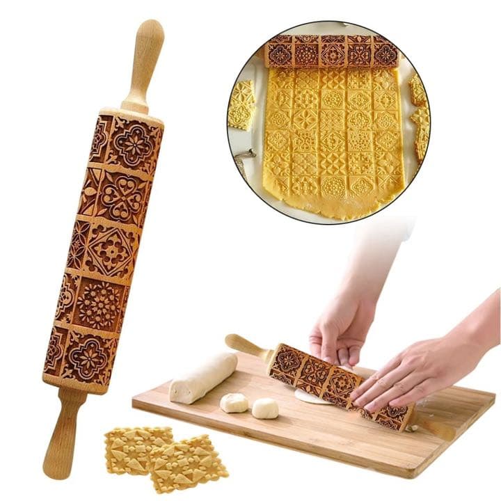 エンボスローラー　四角柄　木製麺棒　花柄　クッキー　クッキング　ハロウィン