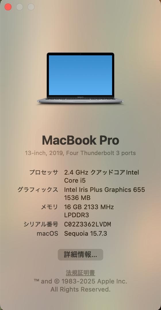 MacBook Pro 2019 A1989 13㌅ 『充放電31回』