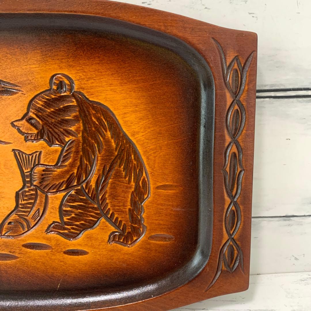 木彫 お盆 北海道 熊 鮭 民芸品