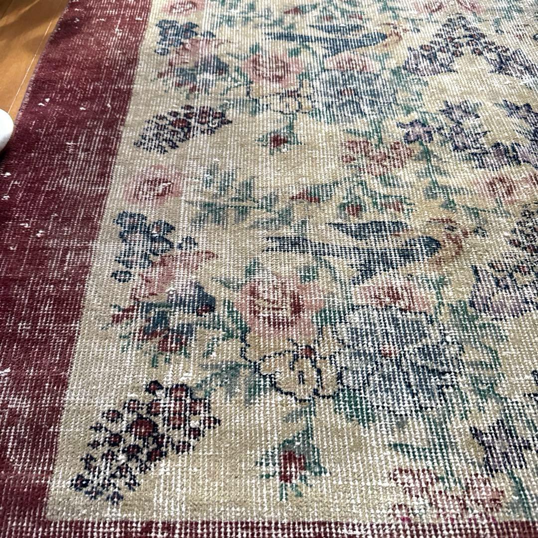 貴重116×190幸せの青い鳥　birdラグボタニカル　トルコヴィンテージラグ