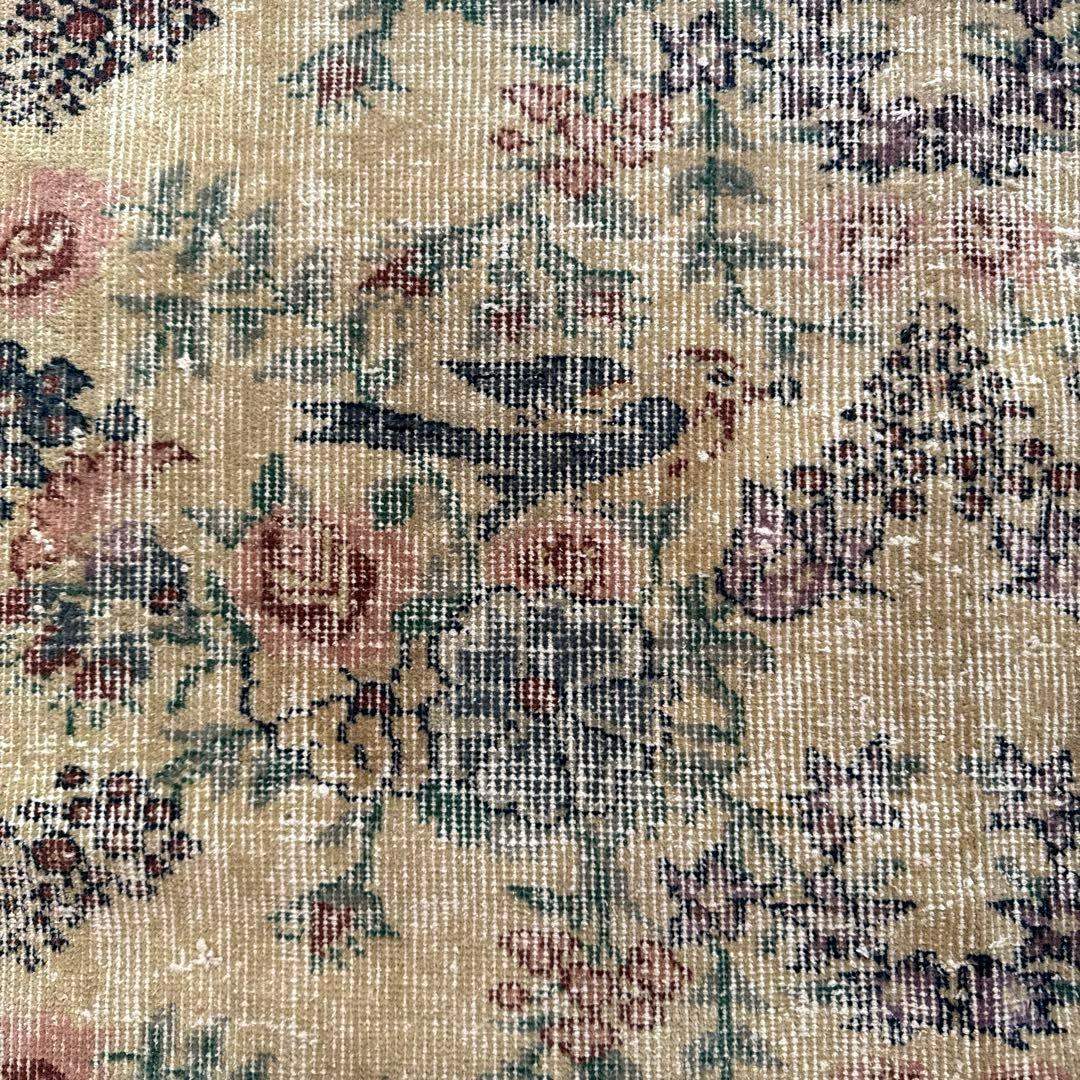 貴重116×190幸せの青い鳥　birdラグボタニカル　トルコヴィンテージラグ