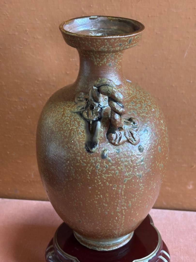 やまちゃん河井寛次郎作柿緑釉蔦捻双耳瓶　一点物　森の春のはじまり