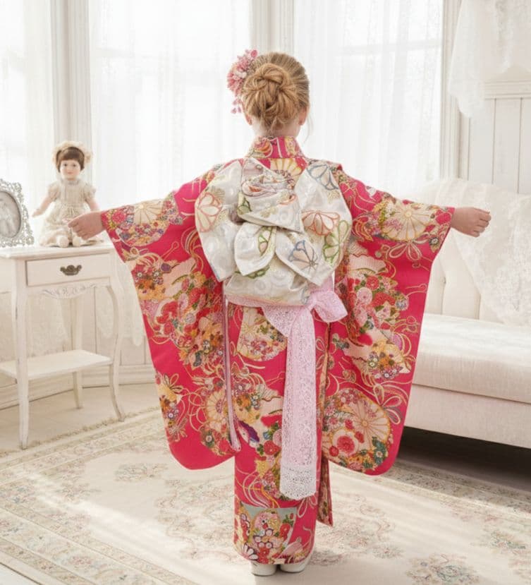 アンティーク綺麗なピンクの着物に薔薇の花作り帯セット