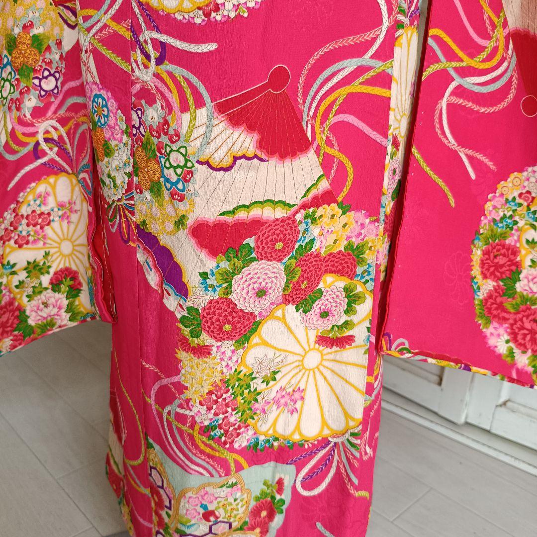 アンティーク綺麗なピンクの着物に薔薇の花作り帯セット