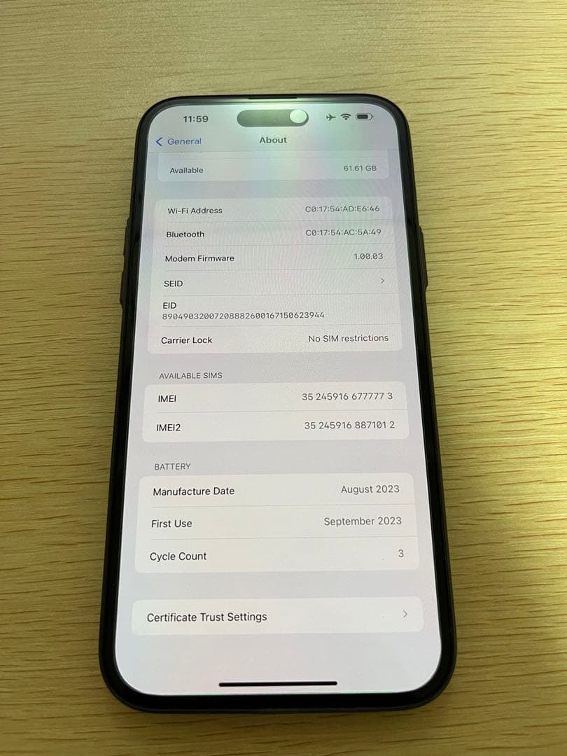 iPhone15Plus 128GB デモ機 ブラック 100% iOS17.0